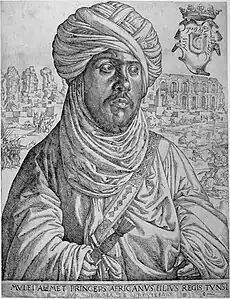 Portrait d'Ahmed III al-Hafsi, d'après J. C. Vermeyen, 1630, eau-forte, musée Boijmans Van Beuningen.