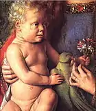 Détail de l'Enfant Jésus, dans La Vierge du chanoine Van de Paele, Jan van Eyck, musée Groeninge, Bruges.