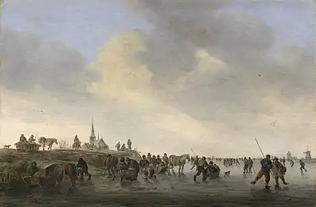 Jan van Goyen, Patineurs sur le Merwede près de Dordrecht, panneau, 392 x 585 mm, 1646. Acquis en 1919.