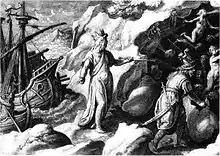 À gauche, son bateau échoué, Ulysse et ses compagnons pénètrent à droite dans la sombre grotte des vents.