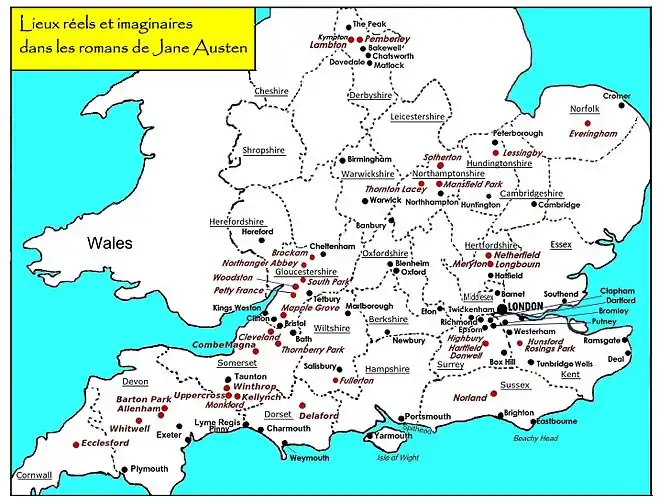 L'Angleterre selon Jane Austen, délimitée au nord par Pemberley dans le Derbyshire