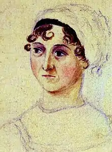 dessin d'une tête de femme, Jane Austen qui regarde sur le côté. Seul le visage et le cou sont en couleur ; les vêtements ne sont qu'esquissés.