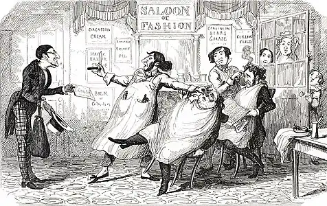 Illustration d'une nouvelle de Thackeray, le barbier Cox apprend dans son salon de coiffure qu'il vient d'hériter.