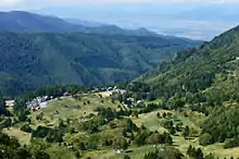 Photo couleur d'une prairie entourée de montagnes recouvertes de forêts.