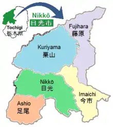 Carte en couleur des cinqs quartiers historiques de la ville Nikkō.