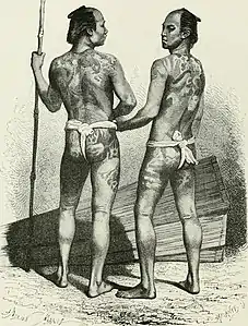 Coolies tatoués, gravure de Charles Laplante d'après un dessin d'Adrien Marie, Japan and the Japanese illustrated (1874).
