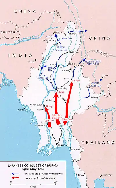 Carte de la conquête japonaise de Burma avril-mai 1942.