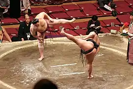 Shiko : les lutteurs chassent les esprits en frappant le sol avec les pieds