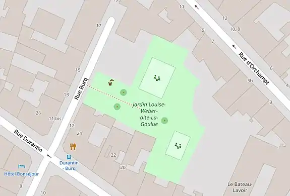 Le jardin Louise Weber sur le plan de Paris.