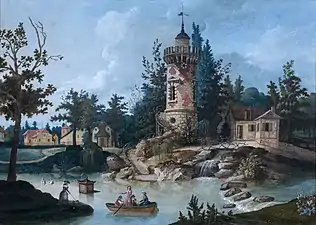 La Tour Marlborough, hameau du château de Bellevue, gouache anonyme de la fin du XVIIIe siècle.