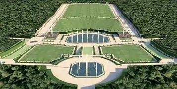 Restitution 3D des jardins bas, avec la "pièce de M. Le Nostre". État vers 1700.