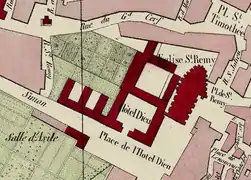 Jardins de l’ancienne abbaye de Saint-Remi sur le plan Héteau 1844.