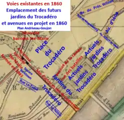 Emplacement des futurs jardins du Trocadéro sur plan de 1860.