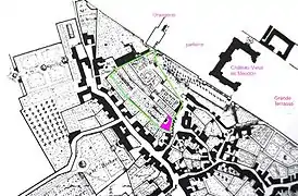 Plan des jardins vers 1690-1700. En violet est figurée la maison. L'emprise actuelle des jardins est entourée d'un trait vert.