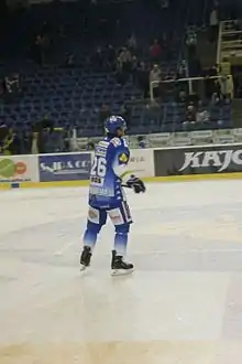 Photographie d'un joueur de hockey sur glace de dos.