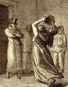 La Thénardier menace Javert. Illustration de Gustave Brion.