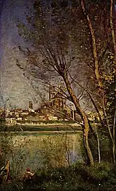 La collégiale, peinte par Corot, vue de l'île de Limay, après 1860, 52,1 x 32,6 cm, Reims, musée des beaux-arts.