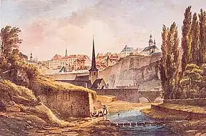 Jean-Baptiste Fresez : Luxembourg depuis l'Alzette (c. 1828)