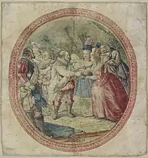 Dessin représentant Henri IV, entourés d'hommes et de femmes de sa cour, offrand son panache blanc à l'une des femmes.