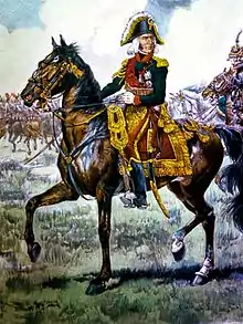 Un maréchal de Napoléon à cheval, sabre à la main.