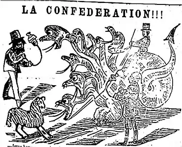 Caricature politique de Côté représentant la Confédération canadienne sous la forme d'un dragon à neuf têtes, Journal La Scie (Québec), 2 décembre 1864.