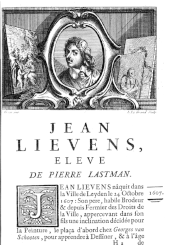 Gravure en noir et blanc au format d'une page de livre. En haut, portrait d'un homme dans un ovale, entouré de toiles peintes. En bas, un texte faisant la biographie de Jan Lievens.