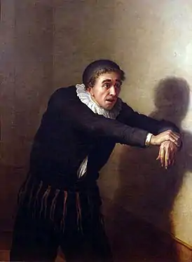 Tableau représentant un comédien jouant L'Avare, debout, s'attrapant lui-même.