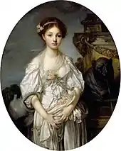 Peinture ovale d'une jeune fille en robe parée de fleurs et portant une cruche à son coude.