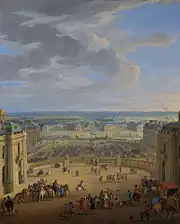 Vue perspective de la Petite et de la Grande Écurie depuis la place d'Armes en 1688.