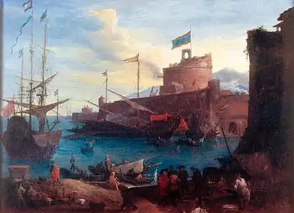 Bateau près d'un port, tour ruinée avec drapeau et nombreux personnages au premier plan.