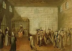 Cérémonie du Grand Vizir Ahmed III accueillant en 1699 Charles de Ferriol, le prédécesseur de Pierre Puchot des Alleurs. ( tableau de Jean-Baptiste Van Mour)