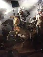 Tableau représentant Henri IV à cheval, sur un champ de bataille, montrant du doigt son panache blanc.