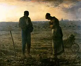 L'Angélus, 1856, Jean-François Millet. Prière marquant un temps de la journée au milieu des autres activités, le matin, le midi ou le soir.