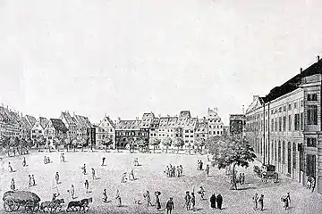Un puits, à droite, sur l'ancienne place d'Armes (Jean Hans, vers 1800).