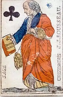 Rousseau de profil, le haut du corps vêtu à la mode de son temps ; le bas, à celle antique.