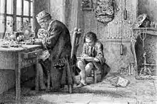 Gravure. Un horloger travaille à la lumière d'une fenêtre. À sa droite, un petit enfant lit, assis sur un tabouret bas.