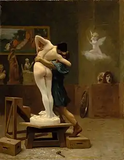 Peinture d'un modèle féminin nu de dos, équivoque car statue sur socle ou vivant embrassé par sculpteur dans un atelier.