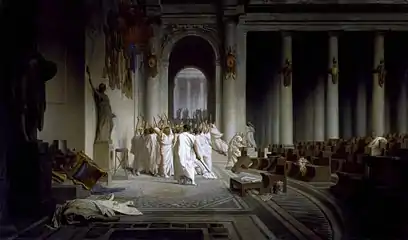 L'assassinat de Jules César par les Liberatores, devant les colonnes du Porticus Pompeiana et la Curie pompéienne, en 44 av. J.-C.Il s'agit d'une huile du peintre et sculpteur franc-comtois Jean-Léon Gérome (1824-1904), actuellement exposée au Walters Art Museum, dans l'État du Maryland, aux États-Unis..