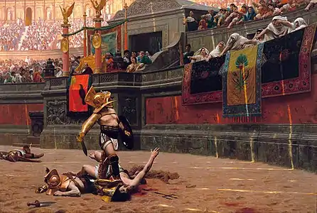 Peinture représentant deux gladiateurs lors un combat dans le Colisée avec dans les tribunes les spectateurs pousse baissé demandant la mise à mort du perdant