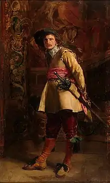 Tableau montrant un homme en justaucorps, chapeau de feutre et épée à coquille.