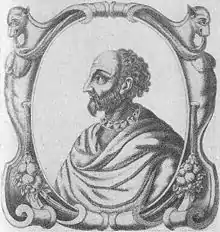 portrait de Jean-Antoine de Baïf de profil dans un cadre orné. Le poète, avancé en âge, porte une sorte de toge sur un vêtement d'époque