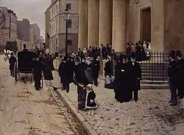 Tableau avec hommes et femmes endimanchés sortant d'un bâtiment à grosses colonnes.