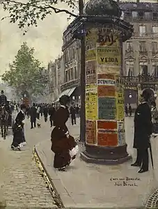 Tableau impressionniste montrant un homme et une femme de la bourgeoisie parisienne consultant les affiches placardées sur une colonne Morris.