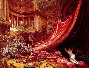 Jean Béraud, Symphonie en rouge et or, L'hémicycle, décor d'orgie.