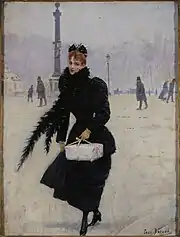 Tableau montrant une jeune femme avec un paquet, toute en noir, voilette, boa, taille de guêpe et fines bottines.