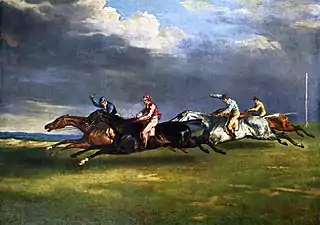 Des jockeys et leurs chevaux sont lancés au grand galop dans une attitude irréaliste, les chevaux semblant voler, sur une piste en herbe, les nuages étant épais et bas.