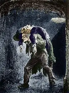 Jean Valjean porte Marius blessé à travers l'intestin du Léviathan. Illustration de Fortuné Méaulle (vers 1879-1882).