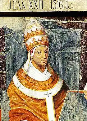 Miniature médiévale présentant Jean XXII coiffé de la tiare pontificale.