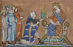 Miniature en couleurs représentant un homme richement vêtu des couleurs de Joinville présentant un livre au roi assis sur son trône devant la cour.