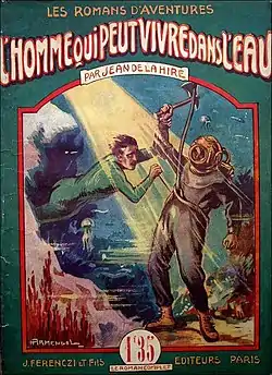 dessin en couleurs représentant un homme affrontant sous l'eau un scaphandrier titré L'Homme qui peut vivre dans l'eau par Jean de la Hire.